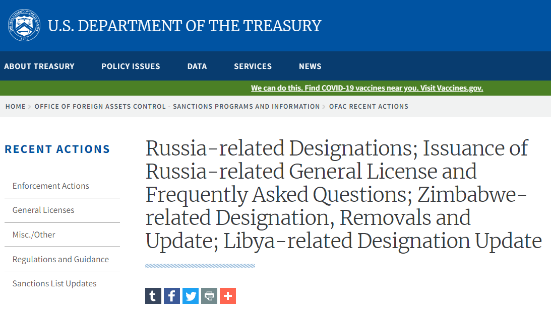 В Минфине США сообщили о том, что Штаты готовы вводить санкции за поддержку использования российской платежной системы Мир за пределами России