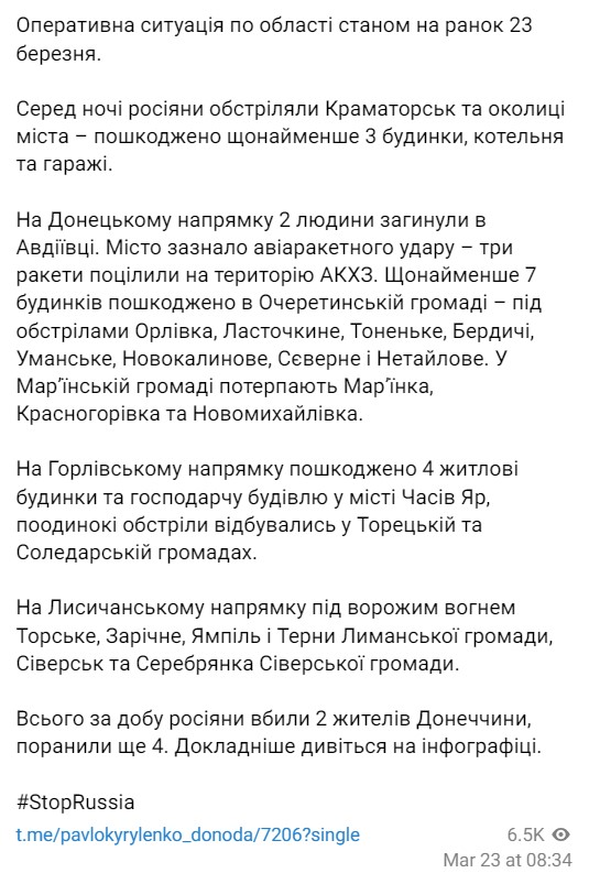 сводка об обстрелах Донецкой области от Кириленко