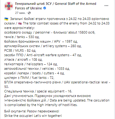 Потери России в войне. Генштаб Украины публикует сводку о войне в Украине 24 марта