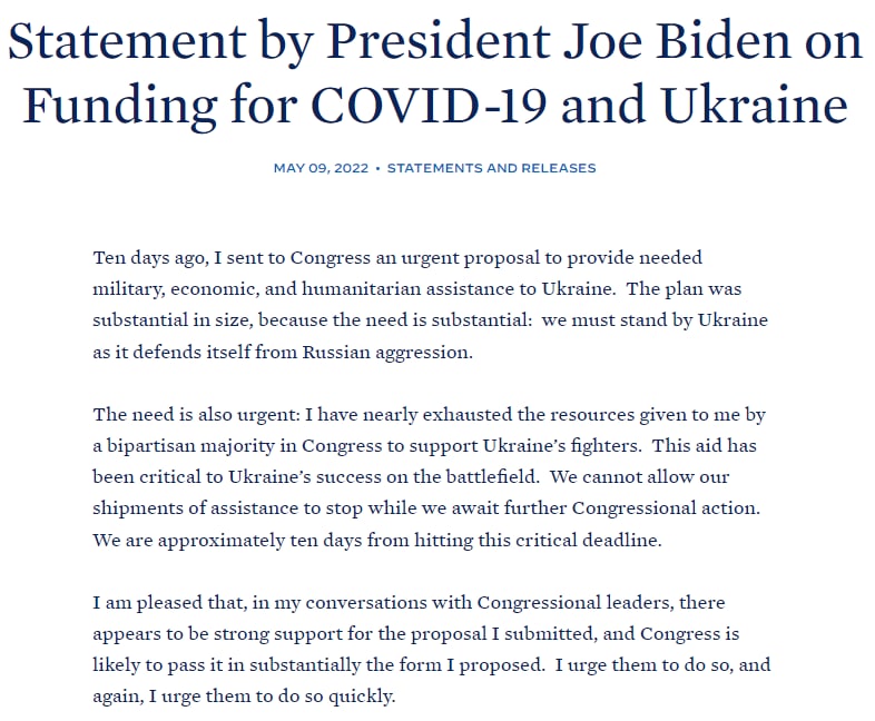 Байден призвал Конгресс выделить средства на военную помощь для Украины