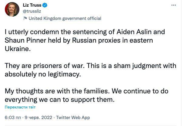 Скриншот из Твиттера Лиз Трасс