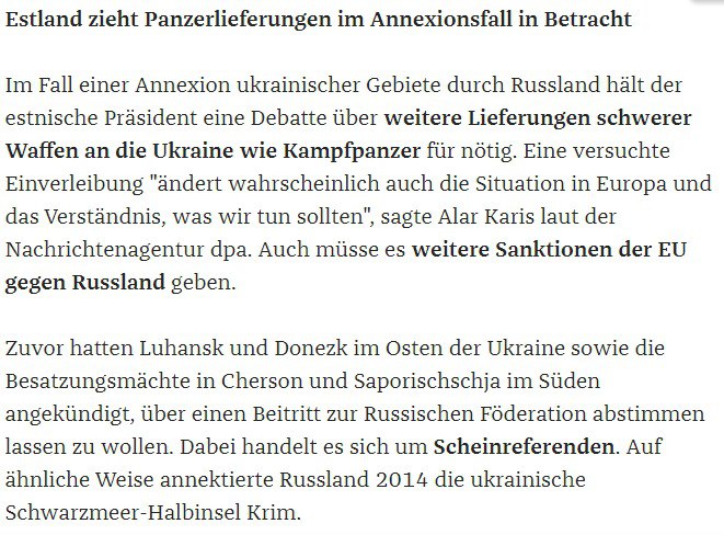 Президент Эстонии заявил о том, что считает необходимым обсуждение поставок в Украину боевых танков в случае аннексии украинских территорий Россией