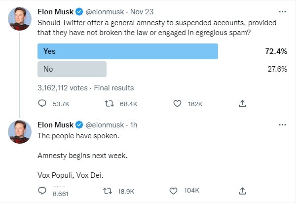 Маск восстановит заблокированные аккаунты в Twitter