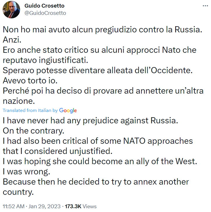 Крозетто поменял мнение в отношении России