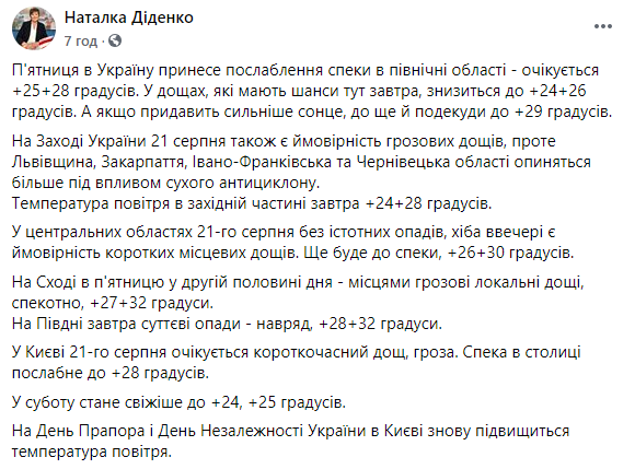 В пятницу осадки ослабят жару лишь в нескольких регионах. Скриншот: Наталка Диденко в Фейсбук