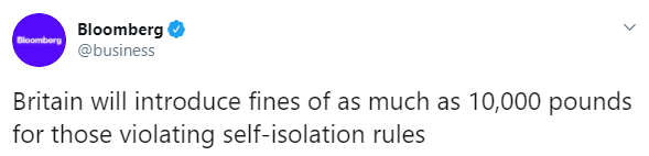 Британские нарушители самоизоляции заплатят тысячи фунтов стерлингов штрафа. Скриншот: Блумберг в Твиттере