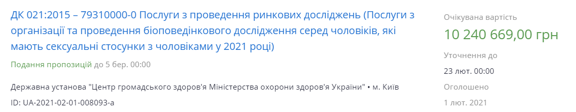 Тендер ЦОЗ. Скриншот: prozorro.gov.ua