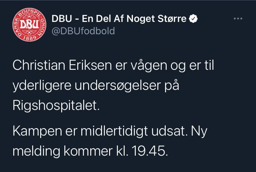 Эриксен в сознании. Скриншот из твиттера датской федерации по футболу