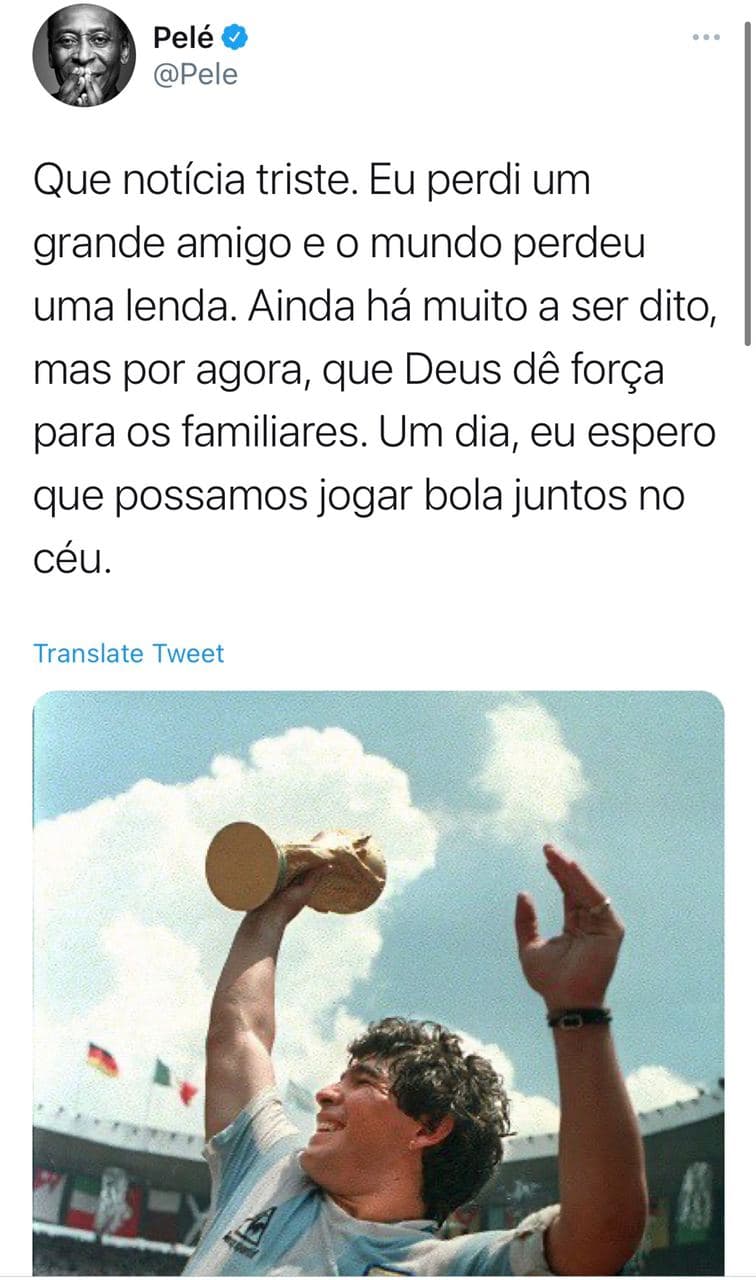 Реакция Пеле на смерть Диего Марадоны, фото: https://twitter.com/Pele