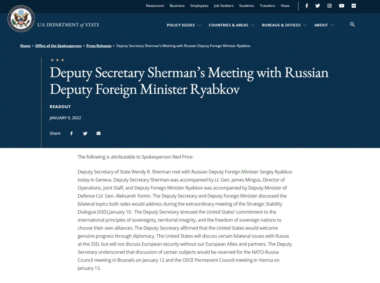 Пресс-релиз Госдепа США после первых переговоров Америки и России