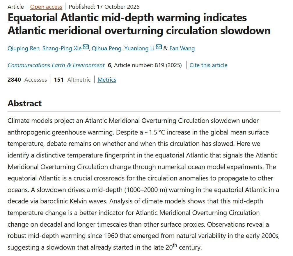 Снимок публикации на nature.com - замедление океанических течений Атлантики грозит климатической катастрофой на нескольких материках