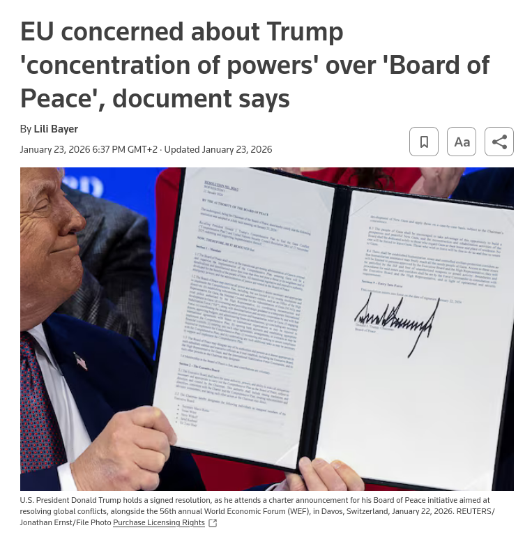 Знімок заголовка на reuters.com - Євросоюз з побоюванням ставиться до Ради світу, створеної Трампом