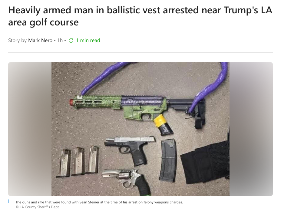 Снимок заголовка на msn.com &ndash; Возле гольф-клуба Трампа задержали мужчину, обвешанного оружием